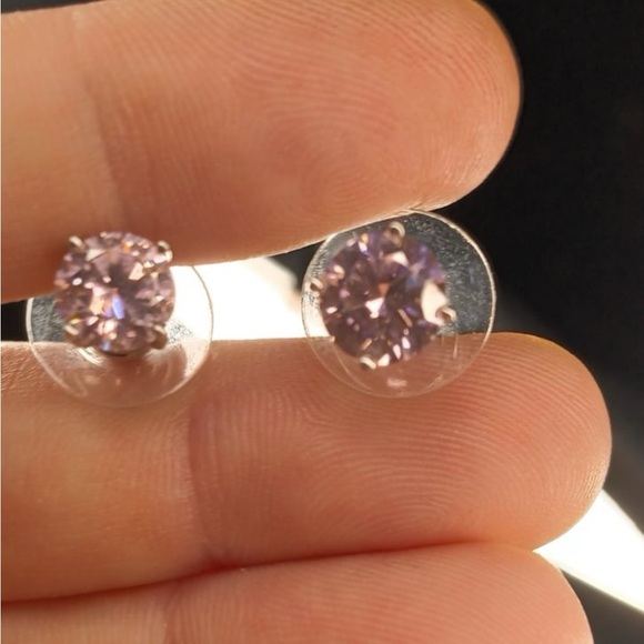 Pink Moissanite Stud Earrings, White Moissanite Accent Earrings, Vermeil Rose Go - Picture 6 of 9